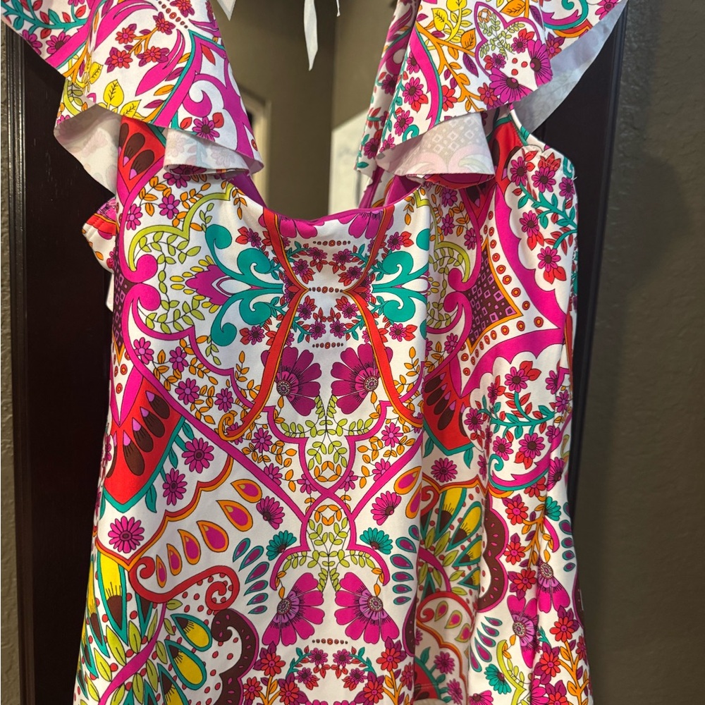 Trina Turk Pink and Teal Floral Paisley Swim Top